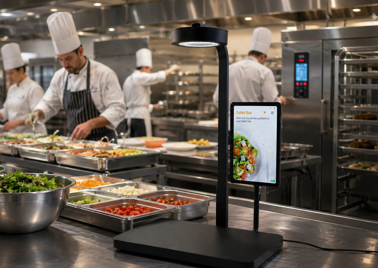 Metafoodx scanner with touchscreen measuring food pans in a busy commercial kitchen